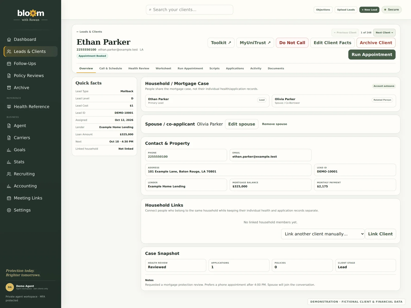 Bloom client relationships screen with fictional demonstration records